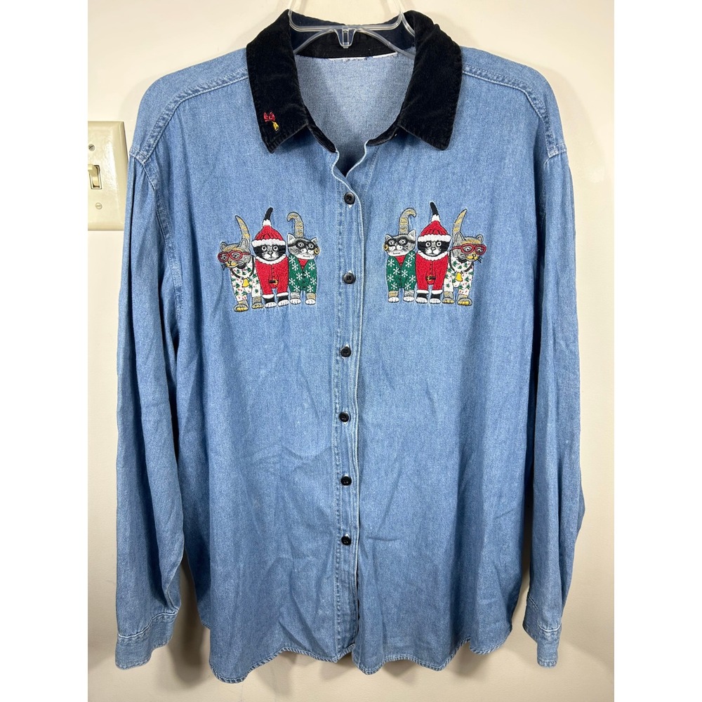 VTG Bobbie Brooks‎ Denim Cute Embroidered Christmas Cats Top Cat Lover NO TAGS